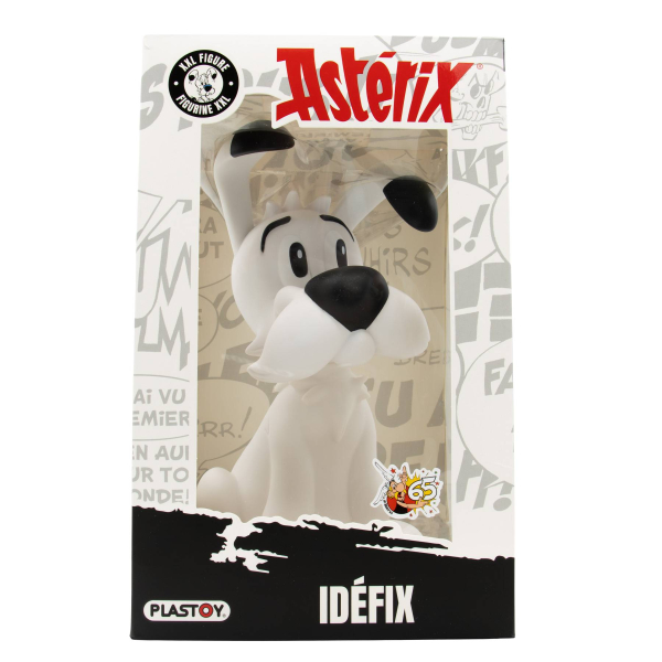 Weiße Idefix-Figur aus Asterix in einer Verpackung mit Comic-Design. Der kleine Hund sitzt und blickt nach vorn.